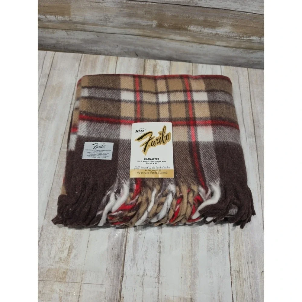 Vintage Faribo Catnapper Fringed Blanket Plaid Brown Tan 45x50